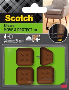 Scotch Move and Protect Pack de 4 Patines Deslizantes Avec Clavo - 24x24mm - Supporte jusqu'à 100kg - Couleur Marron
