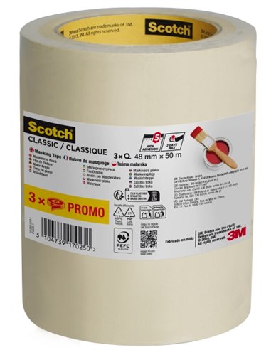 Scotch Classic Pack de 3 Cintas de Enmascarar - 48mm x 50m - 70% PEFC - Couleur Blanc