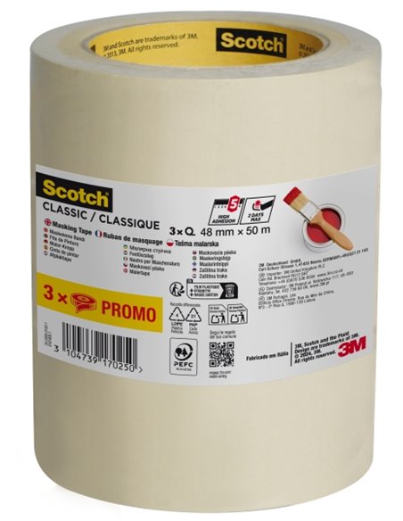 Scotch Classic Pack de 3 Cintas de Enmascarar - 48mm x 50m - 70% PEFC - Couleur Blanc