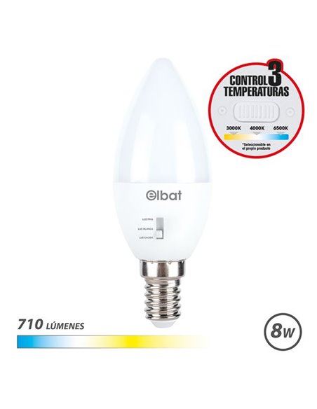 Elbat Bombilla LED C37 - 8W - 710Lm - E14 - Selector de Luz - Calida 3000K, Blanca 4000K et Fria 6500K