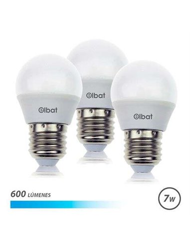 Elbat Pack 3 Bombillas - Potencia 7W - Lumenes 600 - Tipo de Luz 6500K Luz Fria - Casquillo E27 - Angulo 220º - Dimensiones 45X7