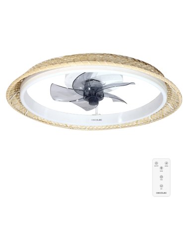 Cecotec EnergySilence LampAero 620 Natural Design Ventilateur de Techo Avec 5 Aspas et Luz - 20W - Tulipa de Mimbre - 3 Tonos LE