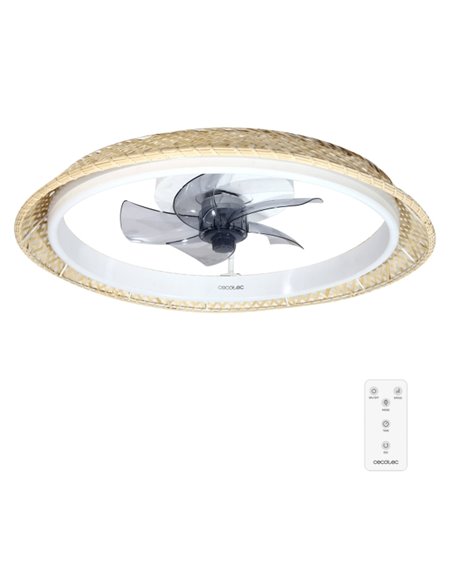 Cecotec EnergySilence LampAero 620 Natural Design Ventilateur de Techo Avec 5 Aspas et Luz - 20W - Tulipa de Mimbre - 3 Tonos LE