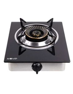 Muvip Cocina de Gas Inox 1 Fuego - Cristal Templado - Encendido Piezoelectrico - Quemador de Hierro Fundido Desmontable
