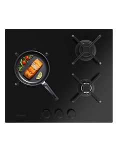 Cecotec Bolero Squad G 3400S Nano Glass Cocina de Gas Encastrable - 3 Quemadores - Acabado en Cristal Noir - 6.2kW - Parrillas d