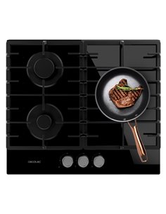 Cecotec Bolero Squad G 3200F Glass Black Cocina de Gas Encastrable - 3 Quemadores - Acabado en Cristal Noir - 6.25kW - Parrillas
