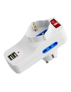 Ewent Regleta de 3 Tomas de Pared - 3x Tomas Italianas Tipo L/ Schuko de 10/16A - 2 Tomas L + 1 Toma L/F (Schuko) - 2x USB-À - I