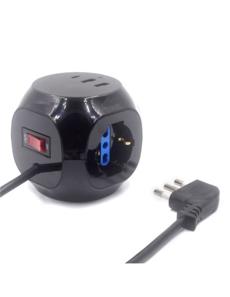 Ewent Regleta Avec 6 Tomas de Sobremesa en Forma de Cubo - 3 Tomas L/F (Schuko) - 2x USB-À - 1x USB-C - Enchufe Italiano Plano e