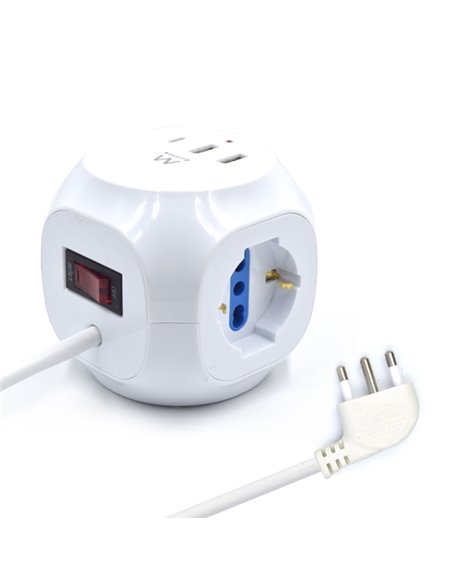Ewent Regleta Avec 6 Tomas de Sobremesa en Forma de Cubo - 3 Tomas L/F (Schuko) - 2x USB-À - 1x USB-C - Enchufe Italiano Plano e