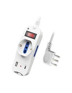 Ewent Regleta Avec 6 Tomas - 2 Tomas L + 1 Toma L/F (Schuko) - 1x USB-À - 1x USB-C - Enchufe Italiano Plano en Angulo - Interrup