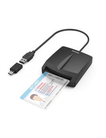 Hama Single Lector de Carte Intelligente DNI - Indicateur LED - Câble USB-À Intégré - Adaptateur USB-C - Couleur Noir