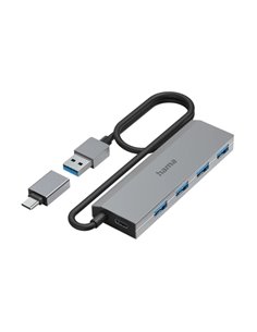 Hama Essential Hub USB 3.2 - Câble USB-À Intégré de 1m - Adapatador USB-C - 4x USB-À - Couleur Gris