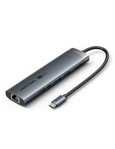 Vention Estacion de Docking 8 en 1 - 100W - Câble USB-C de 15cm Intégré - Ethernet RJ45 - HDMI 4K - 2xUSB-C - Carte TF - SD - 2x