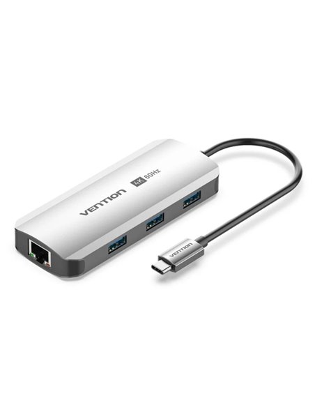 Vention Estacion de Docking 6 en 1 - 100W - Câble USB-C de 15cm Intégré - HDMI 4K - Ethernet RJ45 - 3xUSB-À - USB-C - Power Deli