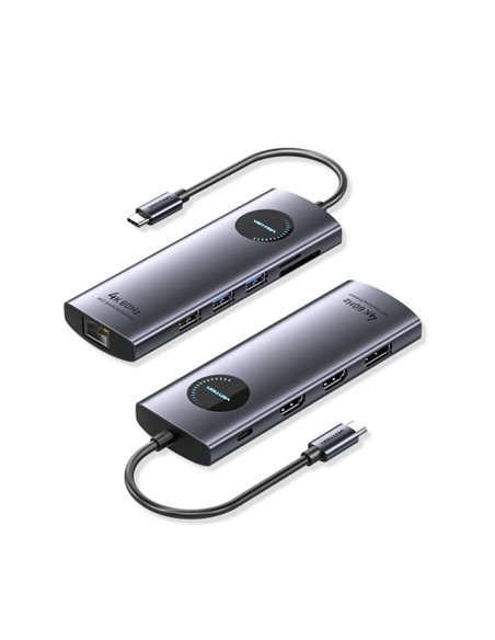 Vention Estacion de Docking 10 en 1 - 100W - Câble USB-C de 15cm Intégré - 2xHDMI 4K - Ethernet RJ45 - Displayport - USB-C - Car