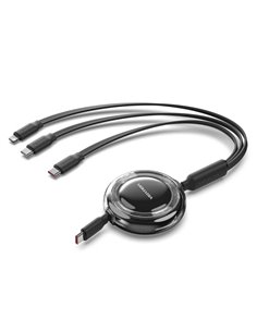 Vention Câble USB Multiple - Potencia Maxima 100W - Retractil - Longueur Réglable Jusqu'à 1.1m - USB-À - 2xUSB-C - Lightning - V