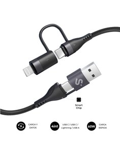 Subblim Câble Top 4 en 1 - USB-À USB-C Lightning - 60W - Nylon Tressé - Charge rapide - 1 Metro