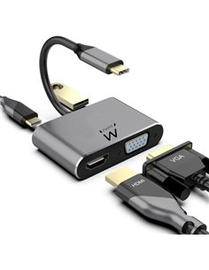 Ewent Hub 4 en 1 - HDMI - VGA - USB 3.2 Gen1 - USB-C PD 60W - Couleur Aluminium