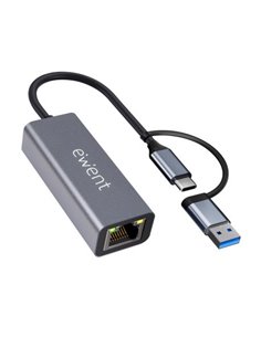 Ewent Adaptateur de Réseau USB-C + USB-À à Ethernet Gigabit 10/100/1000 Mbps - 15 cm - Couleur Gris