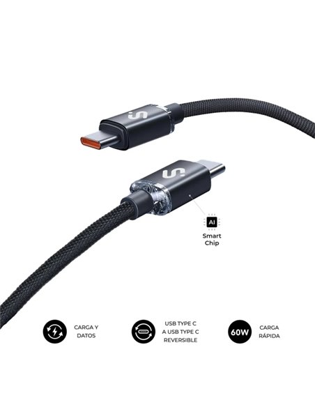 Subblim Câble Optimus USB-C - 60W - Nylon Tressé - 480Mbps - 2 Metros - Couleur Noir
