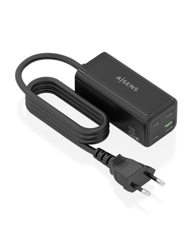 Aisens Cargador GAN 100W - 3xUSB-C PD3.0, QC4.0, QC5.0 - 1xUSB-À QC3.0 - Câble 1.4 Metros - Couleur Noir