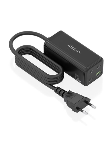 Aisens Cargador GAN 100W - 3xUSB-C PD3.0, QC4.0, QC5.0 - 1xUSB-À QC3.0 - Câble 1.4 Metros - Couleur Noir