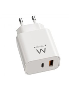Ewent EW1318 Cargador GAN 20W - USB-C PD et USB-À QC - Charge rapide - Haute Eficiencia - Design Compact - Couleur Blanc