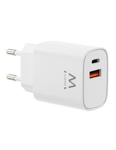 Ewent EW1326 Cargador GaN 30W - 1xUSB-C PD3.0 QC3.0 - 1xUSB-À QC3.0 - Couleur Blanc