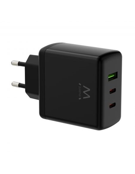 Ewent EW1330 Cargador GaN Universal de Pared 65W Ultrarapido - 2x USB-C PD 3.0 et 1x USB-À QC 3.0 - Couleur Noir