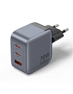 Vention Cargador de Pared - 70W - GaN - 2xUSB-C - USB-À - Charge rapide - Tecnologia PPS - Couleur Gris