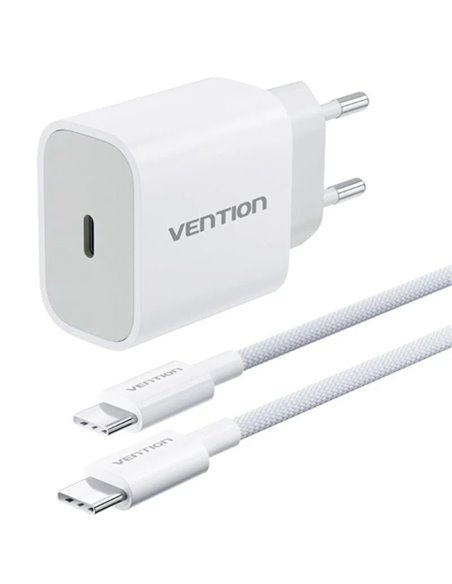 Vention Cargador de Pared - 20W - Câble de 1m Incluido - Veste Trenzada de Coton et TPE - USB-C - Charge rapide - Couleur Blanc