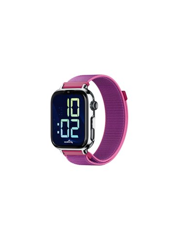 Savefamily Reloj Intelligente Smartwatch Infantil SaveWatch Plus 2 - Écran Amoled - Carcasa Plateada - Correa Tela Frambuesa