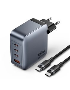 Vention Cargador de Pared - 100W - GaN - Câble de 1m Incluido - 3xUSB-C - USB-À - Charge rapide - Couleur Gris