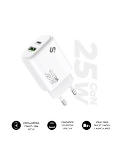 Subblim Cargador de Pared GaN 25W - USB-C + USB-À - Charge rapide - Couleur Blanc