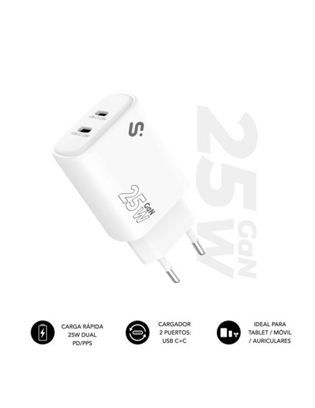 Subblim Cargador de Pared GaN 25W - 2xUSB-C - Charge rapide - Couleur Blanc