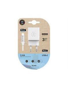 TechOneTech Cargador Double de Pared + Câble USB-À à Lightning 1m - Recubierto de Nylon Tressé