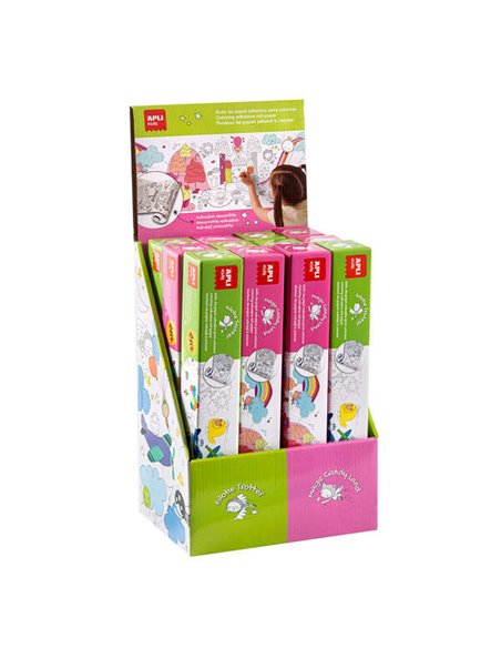 Apli Présentoir de Rollos de Papier Adhésif Pour Pegar et Colorear - Taille 30Cmx4M - 12 Rollos Avec Diseños de Transportes et C