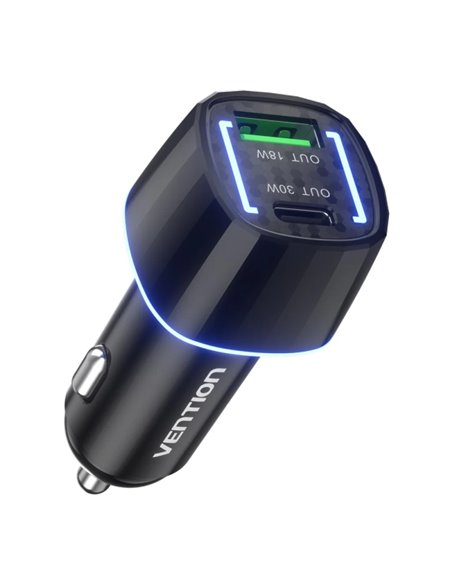 Vention Cargador de Coche Pour Smartphone - 48W - USB-C - USB-À - Power Delivery 3.0 - Qualcomm 3.0 - Couleur Noir