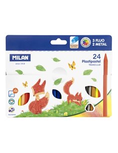 Milan Plastipastel Pack de 24 Ceras de Couleurs Triangulares - Contiene 3 Ceras Fluo et 2 Metal - Couleurs assorties