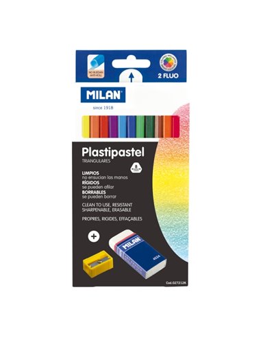 Milan Plastipastel Pack de 12 Ceras de Couleurs Triangulares - Comprend Goma et Sacapuntas - Bandeja Intérieur - Couleurs assort