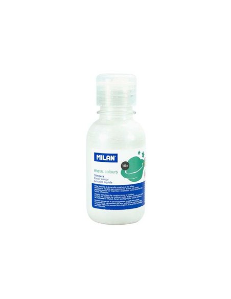 Milan Botella de Tempera 125ml - Tapon Dosificador - Séchage rapide - Mezclable - Couleur Blanc Métallisé