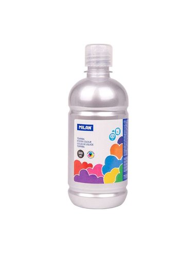 Milan Botella de Tempera 500ml - Tapon Dosificador - Séchage rapide - Mezclable - Couleur Argent