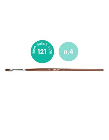 Milan 121 Pack de 12 Pinceles Escolares Planos Numero 4 - Sac Avec Colgador - Pelo de Cabra et Sintetico - Couleur Bois Foncé