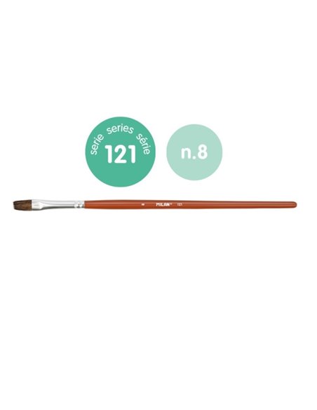 Milan 121 Pack de 6 Pinceles Escolares Planos Numero 8 - Sac Avec Colgador - Pelo de Cabra et Sintetico - Couleur Bois Foncé
