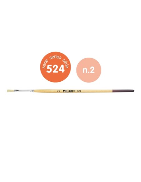 Milan 524 Pack de 12 Pinceles Plano - Numero 2 - Sac Avec Colgador - Cerda Natural - Mango Corto - Couleur Bois Clair