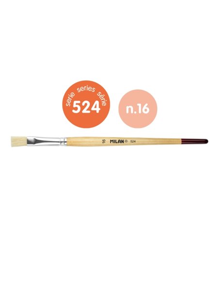 Milan 524 Pack de 6 Pinceles Planos Numero 16 - Sac Avec Colgador - Cerda Natural - Mango Corto - Couleur Bois Clair