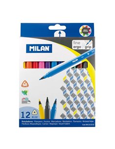 Milan Pack de 12 Feutres Triangulares - Pointe Fina Conica 2mm - Encre al Eau - Lavable - Couleurs assorties