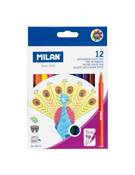Milan Pack de 12 Feutres - Encre al Eau - Pointe Fina 2mm - 154mm - Couleurs assorties