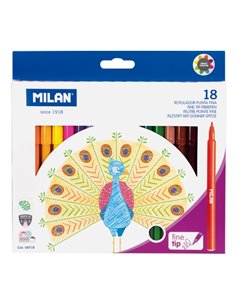 Milan Pack de 18 Feutres - Encre al Eau - Pointe Fina 2mm - 154mm - Couleurs assorties