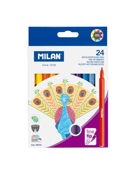 Milan Pack de 24 Feutres - Encre al Eau - Pointe Fina 2mm - 154mm - Couleurs assorties